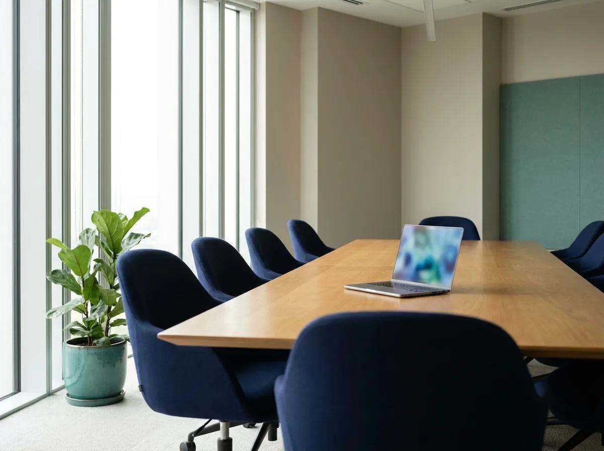 An empty boardroom in morning light with navy chairs and one open laptop