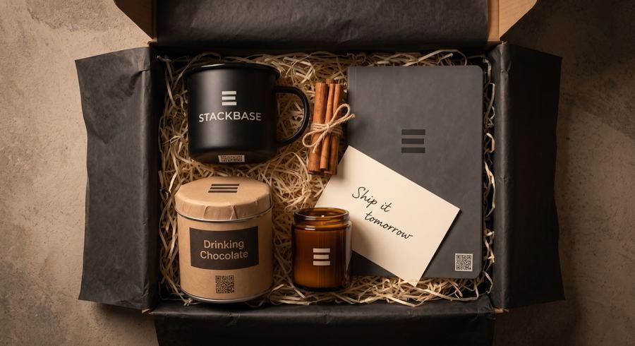 A black gift box with a branded mug, drinking chocolate, a candle and a card that says ship it tomorrow
