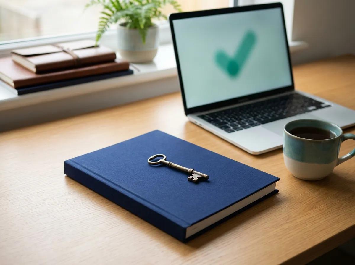 A navy folder with a brass key on top, beside a laptop showing a green tick