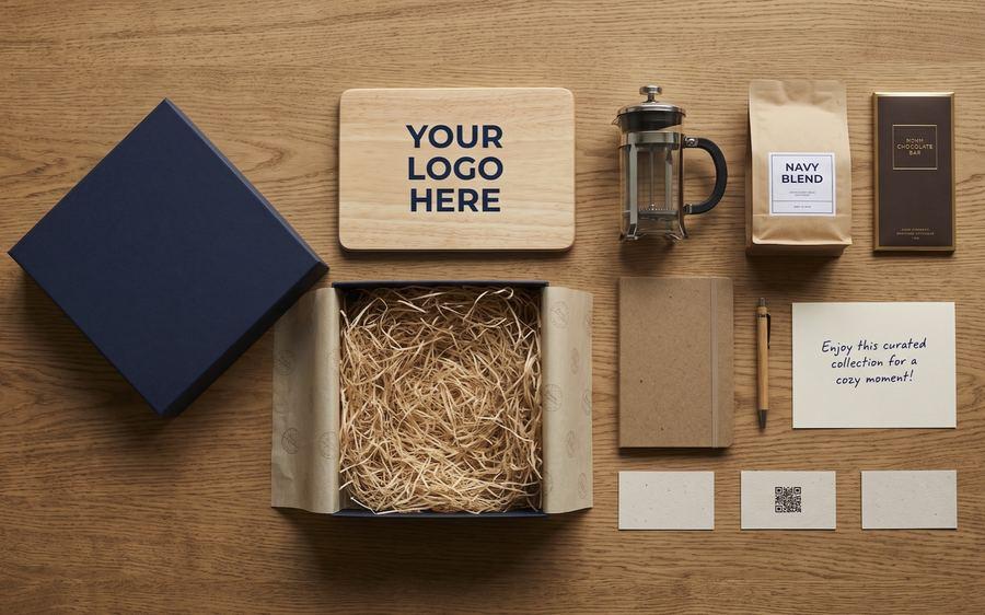 A navy gift box laid out with a wooden board printed with a logo, coffee, chocolate, a notebook and a card with a QR code