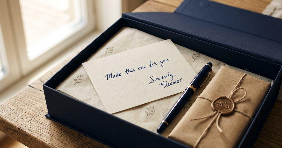 A handwritten card in an open navy box beside a fountain pen and a parcel sealed with wax