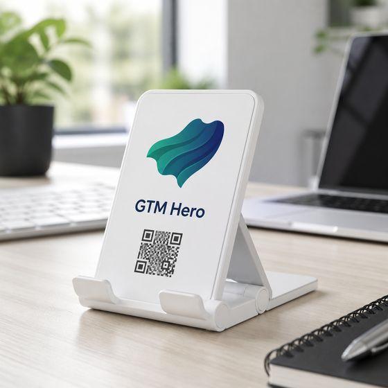 A branded phone stand printed with a QR code