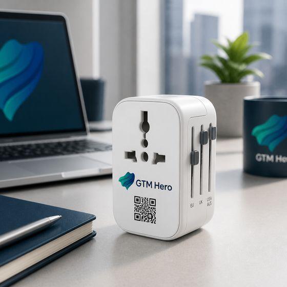 A branded travel adapter printed with a QR code