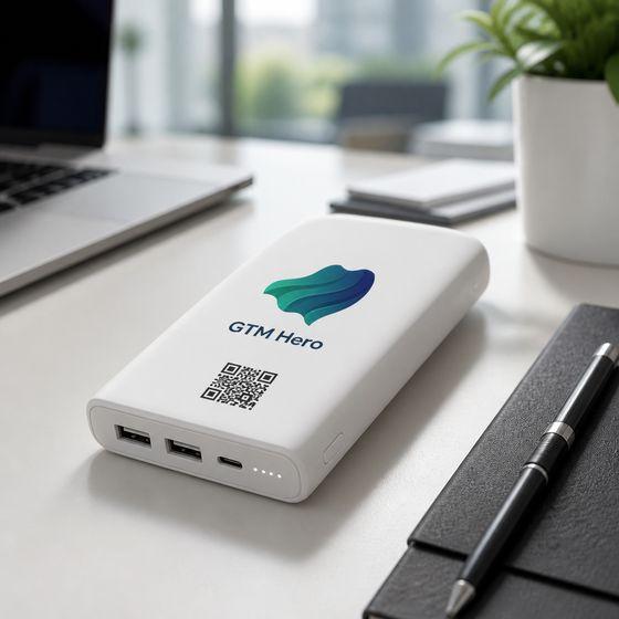 A branded power bank printed with a QR code