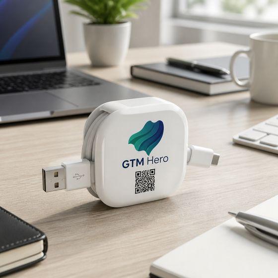 A branded charging cable printed with a QR code