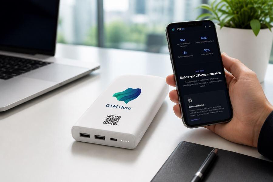 A white power bank printed with the GTM Hero logo and a QR code on a desk, beside a phone showing a web page
