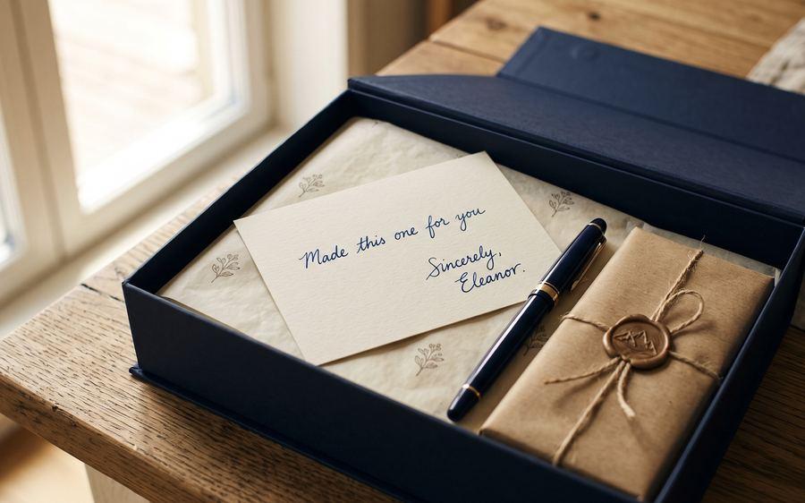 An open navy gift box with a handwritten card and a pen